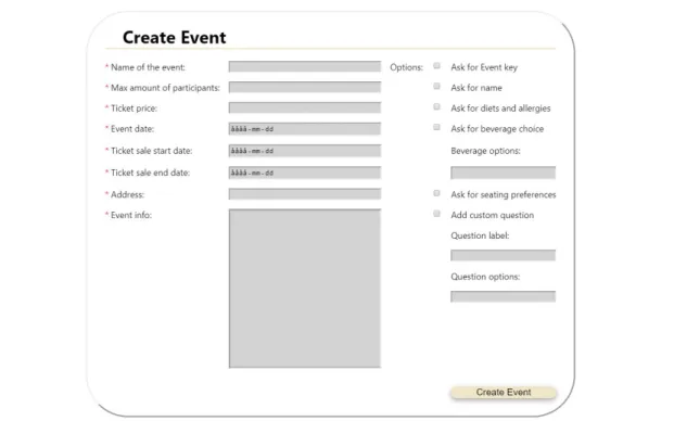 Figure 13 QuickBook’s create event page for admins. Here an administrator can enter all the desired data for an event and when created, the event will appear for users on the front page of the website.