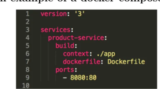 Figure 8 shows an example of a Dockerfile. It is a description of how to package a service with its dependencies in a container