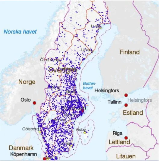 Figur 1. Naturliga grundvattenutflöden i Sverige. © Sveriges geologiska undersökning. 
