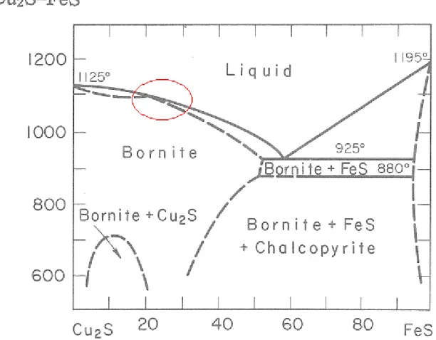 Figur 8. Fasdiagram för smälta med system av Cu, Fe och S.   