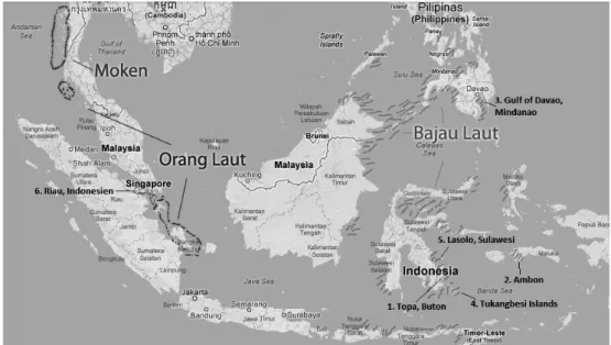 Figure 1. Sea nomads of Southeast Asia: Moken, Orang Laut and Bajau Laut. Places where  sea nomad groups were visited by the authors: