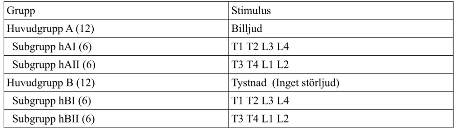 Fig. 4.1 – Grupp/Stimulus indelning 4.2.3.2 Randomisering