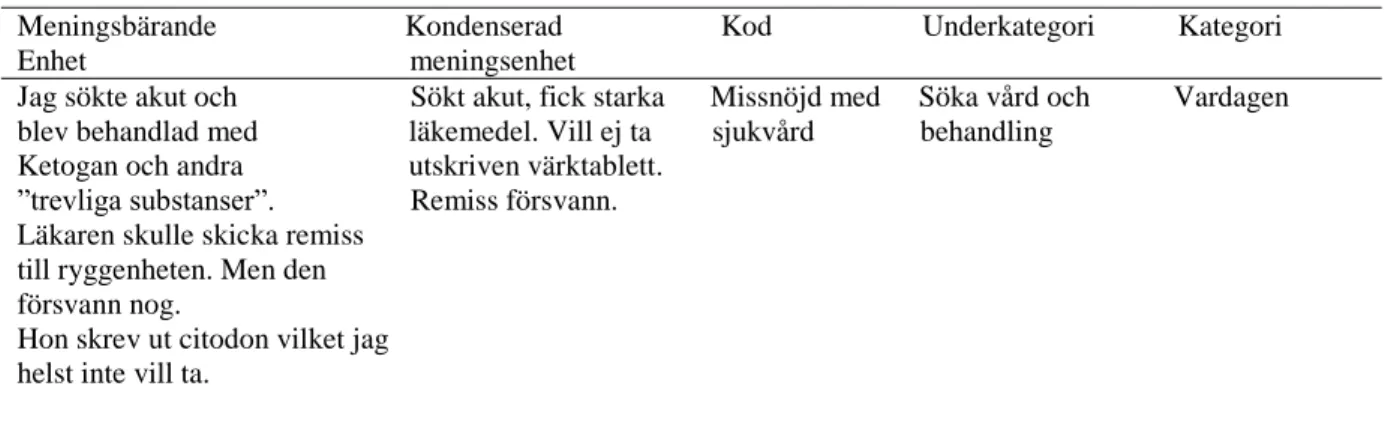 Tabell 1. Exempel på analysprocessen 