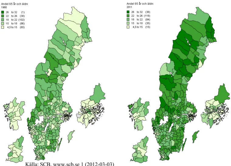 Figur 2. Andelen 65 år och äldre i Sveriges kommuner år 1980 och 2011 