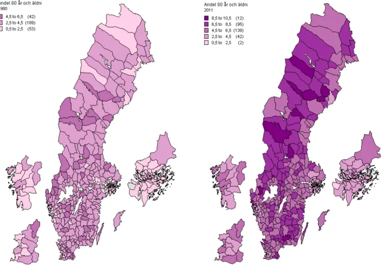 Figur 4. Andelen 80 år och äldre i Sveriges kommuner år 1980 och 2011 