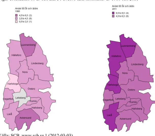 Figur 5. Andelen 80 år och äldre i Örebro läns kommuner år 1980 och 2011 