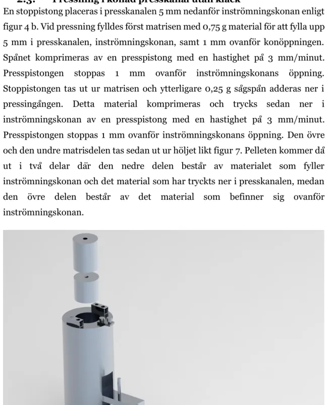 Fig. 7. Rendering av matrisens komponenter med övre och undre matrisdelar, hölje, stopp  samt kloss för att kila fast stoppet mot matrisen