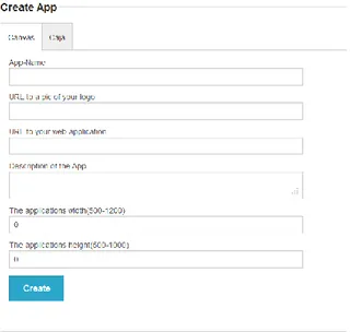 Figure 9 Registration form for canvas apps  When an application has been registered, a user with administrator permissions needs to  approve it before it is made accessible for other users