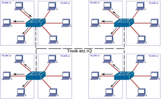 Figure 2.4: Example of VLAN Broadcast with different Switches