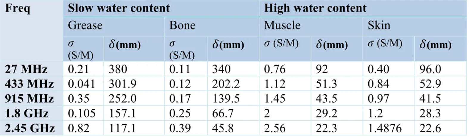 Table  6. Depth of penetration in different frequencies and body tissues 
