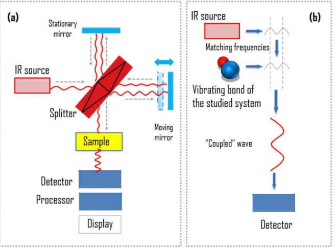 Figure 3.4 Schematic illustration of (a) setup of IR experiment and (b)  physical principle behind the IR spectroscopy