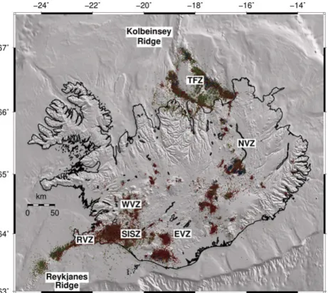 Figure 2.1. Main tectonic features and seismicity distribution in Iceland.