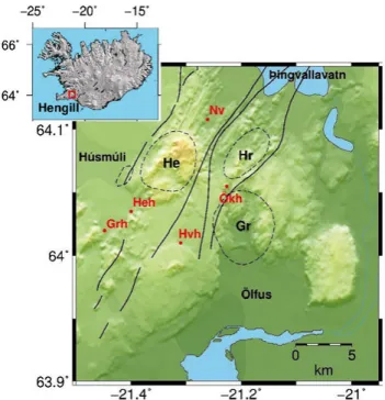 Figure 2.2. Map of the Hengill area showing the main tectonic features. Volcanic cen- cen-ters (dashed) of Hengill (He), Hrómundartindur (Hr) and Grensdalur (Gr) are shown in the figure