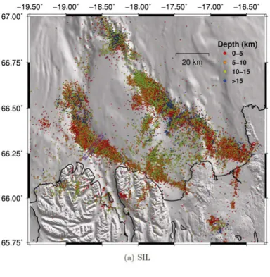 Figure 4.4. Seismicity in the Tjörnes Fracture Zone. Colour indicates depth as defined in legend.