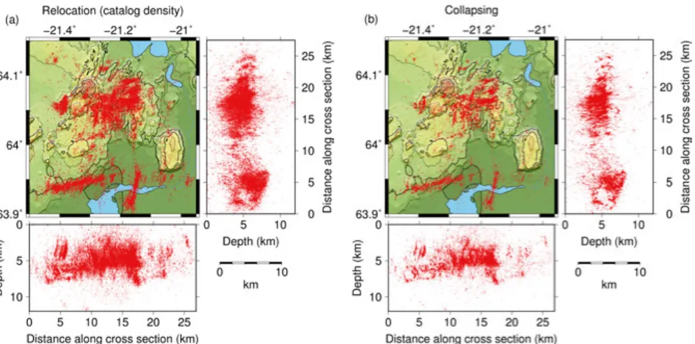 Figure 4.6. The seismicity of the catalog (a) after relocations using the catalog density as an a priori constraint, and (b) after application of the collapsing method
