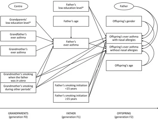 Figure 3. Two-level mediation model within the paternal line. The two ellipses represent: (i) the level 2 unit (father; the presence of arrows indicates the random intercept terms at level 2); and (ii) the cluster variable (centre; the absence of arrows in