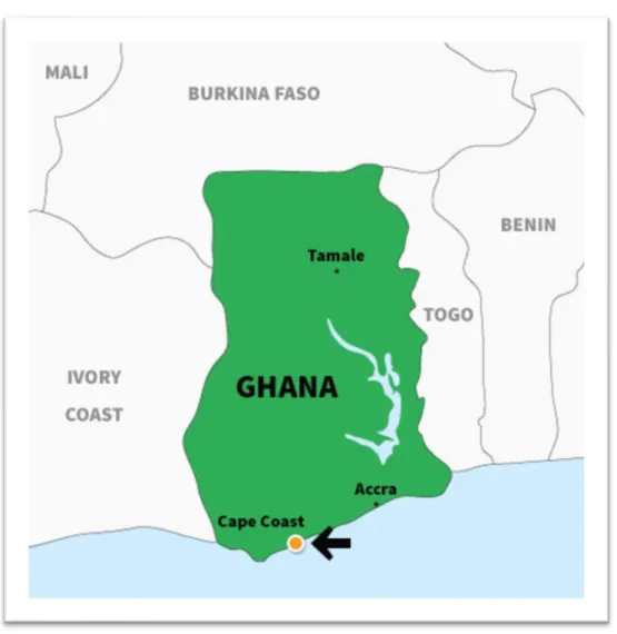 Figure 1: A map of Ghana displaying the study area: Cape Coast, the capital city of Ghana  (Accra), other cities in Ghana, and neighbouring countries 