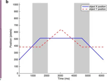 Fig. 1    a Two-dimensional gaze data plotted in blue and superimposed  on the visual scene during the experiment