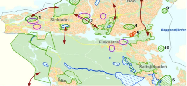 Figure 2. Map of the region - purple circles indicate areas in need of measures  to improve the accessibility to green spaces (Nacka Municipality, 2012)