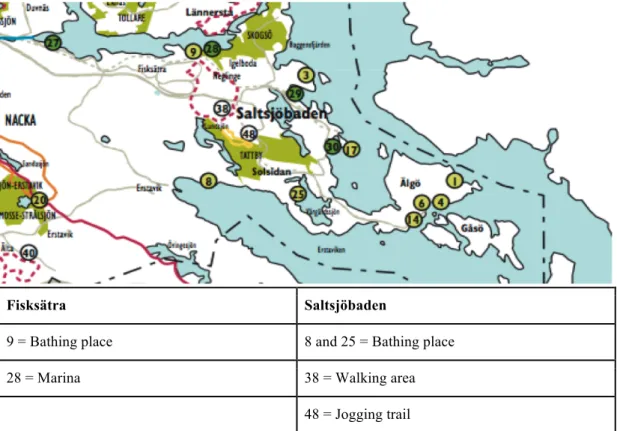 Figure 3. Illustrates where the Nature and Outdoor activities are located, the  number of the activity in the map corresponds to the one declared in the table  below (Nacka Municipality, 2011)