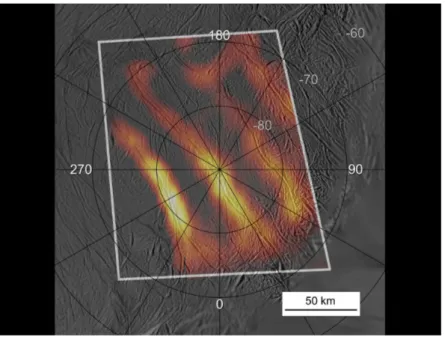 Figure 2.2: Heat emitted from the Tiger Stripes which are 150km long fractures on Enceladus’ south pole
