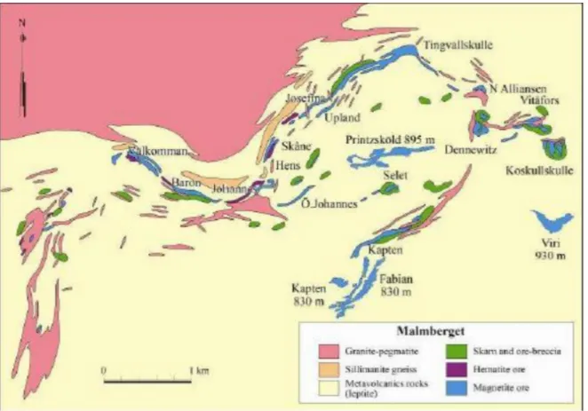 Figure 2.2 Geological map with the magnetite and hematite ore bodies in the Malmberget deposit  (Bergman et al