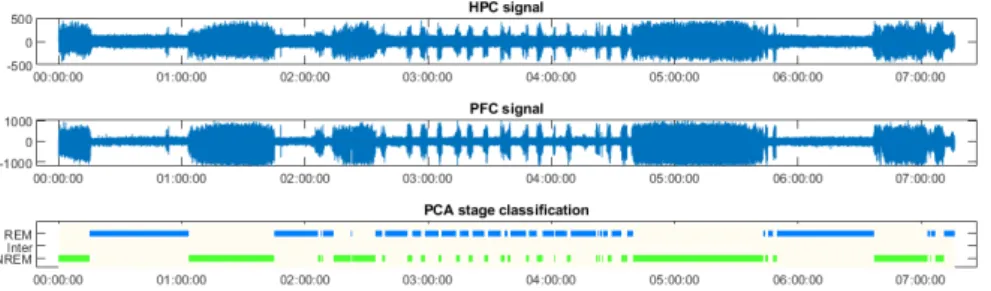 Figure 3.2: From top to bottom: HPC signal, PFC signal and PCA-scored sleep stages (the plot showing the different sleep stages and their duration is usually called a hypnogram) for rat 209, CBD