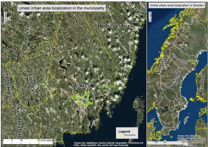 Figure 3. Umeå urban area localization in the municipality and in Sweden  Source: ArcGis 10.3, own map 