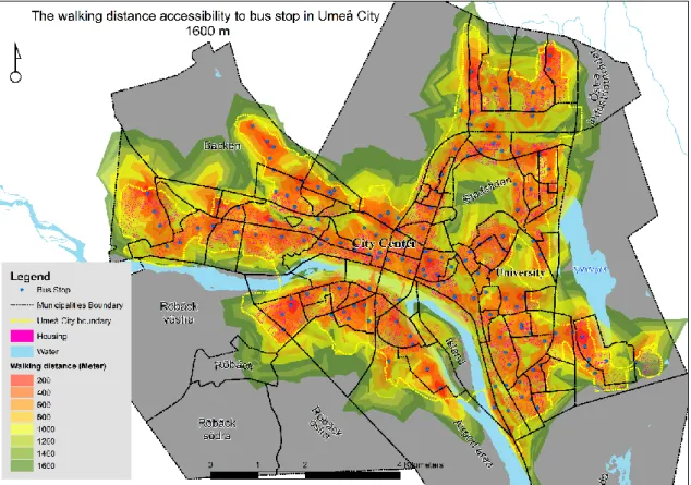 Figure 13. The bus stop accessibility within the ideal walking distance (400m) 