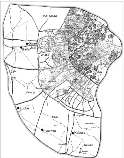 Figure 6. Administrative Map of the Abuja Municipal Area Council. The map  shows the location of Maitama, Wuse, Kado, Gwarimpa and Lugbe