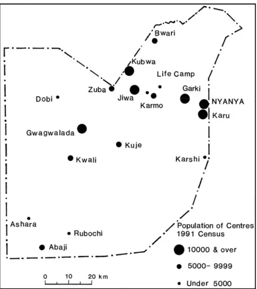 Figure 7. Population distribution in the Federal Capital Territory. The map shows  the location of Nyanya and the area councils of Gwagwalada, Kuje, Abaji, Bwari  and Kwali