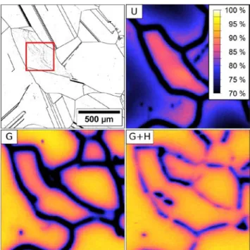 Figure 4 Micrograph of dislocation structures in the bottom of the  ingot and IQE maps of the neighboring wafers after different  pro-cessing