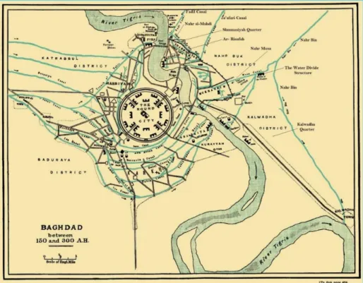 Figure 51: Baghdad map showing in addition to west Bagdad the Easter  Quarters and the canal network serving both