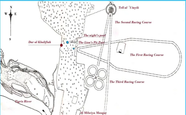 Figure 74: Tell al ‘Ulayik and the racing arena formed of three racing  courses; the watercourse of al- Mutawakkil main scheme is not shown .Note 