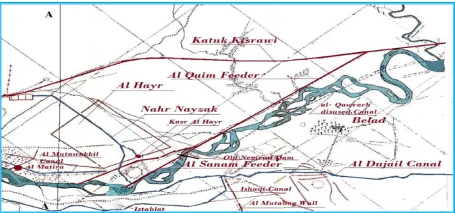 Figure 76: Map showing the finishing point of al- Mutawakkil canal,    al-  Hayr, Nahr Nyzak