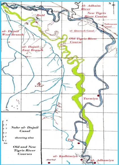 Figure 77: Map showing Nahr al- Dujail and its two branches, the old course  of the Tigris River (green) before it changed in the thirteen century to the  present day’s course (blue)