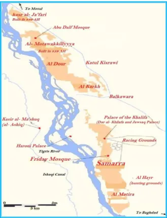 Figure 66: Map of Samarra and its surroundings showing al- Mutawakkiliyya  which was built later on by Khalifah al- Mutawakkil, (modified from source in 