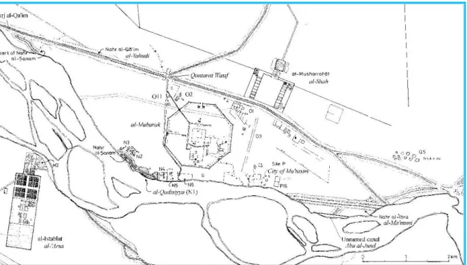 Figure 55: Area south of Nahr al Qaim showing el-Sanam feeder below it and  the Qadissyia fort in between them [1]