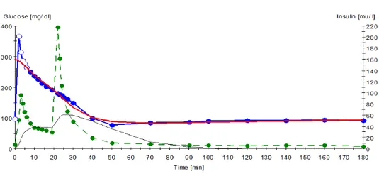 Figure 3.  Example of the plasma glucose and insulin concentrations during an IVGTT. Blue  represents blood glucose post exogenous bolus is given in minute 1 Green represents blood 