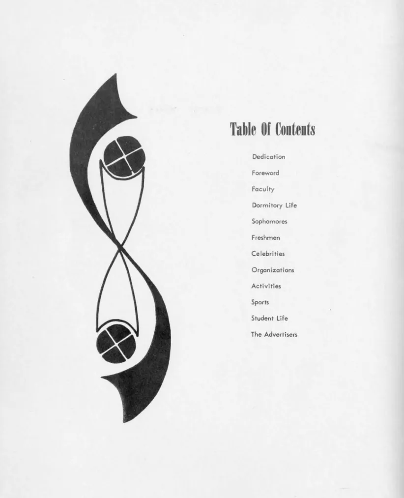Table  Of  Contents  Dedication  Foreword  Faculty  Dormitory  Life  Sophomores  Freshmen  Celebrities  Organizations  Activities  Sports  Student  Life  The  Advertisers 