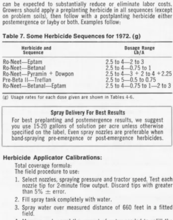 Table 7.  Some Herbicide Sequences for 1972. (g)  Herbicide  and  Sequence  Ro-Neet-Eptam  Ro-Neet- Betanal  Ro-Neet-Pyramin  +  Dowpon  Pre-Beta  11- Treflan  Ro-Neet-Betanal-Eptam  Dosage  Range Lb/A 2.5 to 4-2 to 3 2.5 to  4-0.75 to  1  2.5  to  4-3 +  