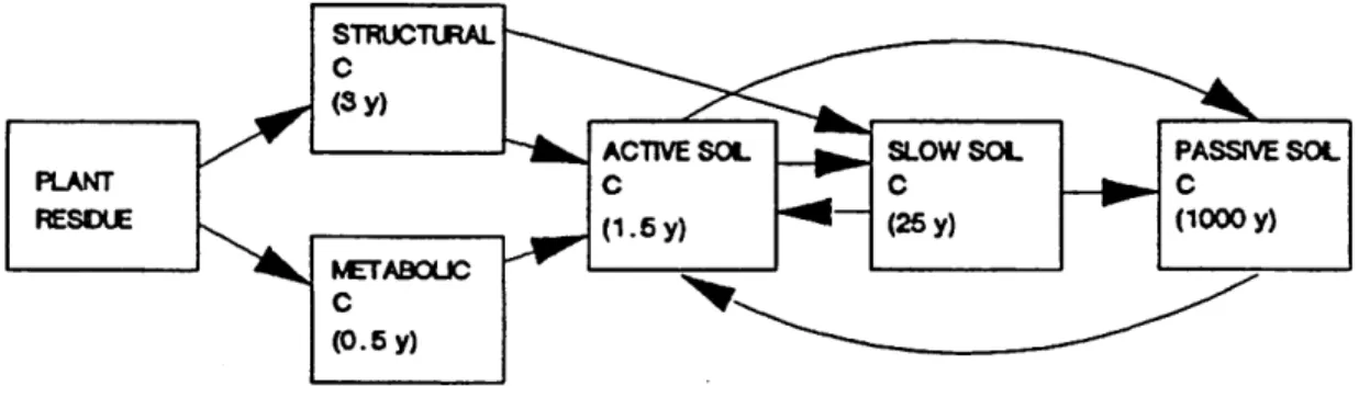Figure  9  Box  and  arrow diagram  for  the  carbon  (SOM)  submodel  of the CENTURY  ecosystem  model.(Parton  et al