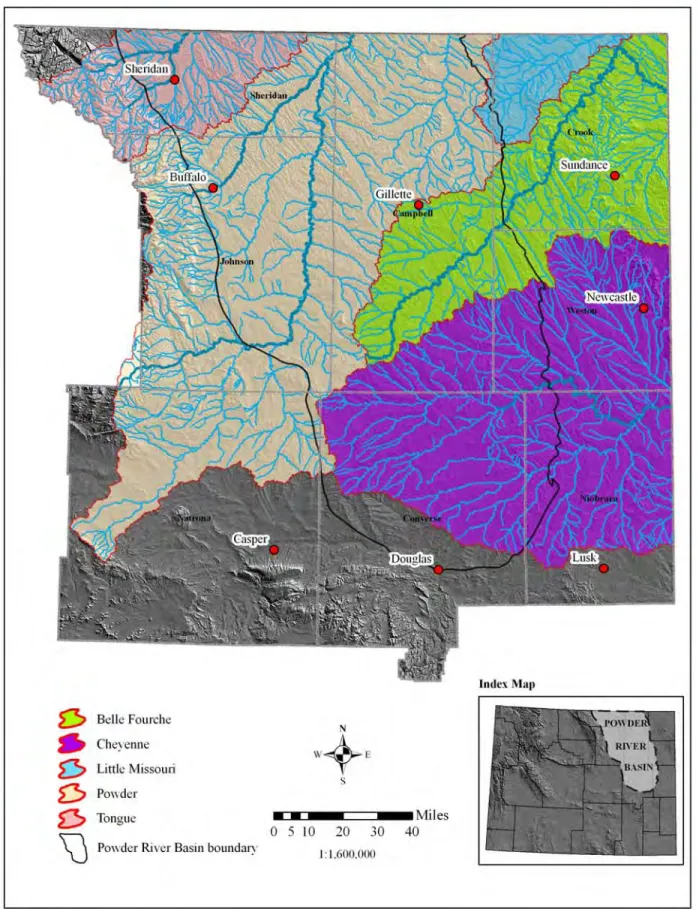 Figure 3. Major drainages, Powder River Basin, Wyoming. Illustration by Gribb, (2010).