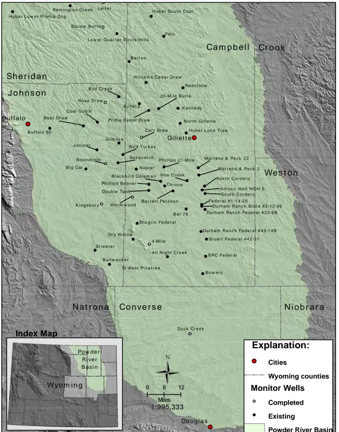 Figure 1. Locations within the Powder River Basin of deep monitoring well network wells as of 2006