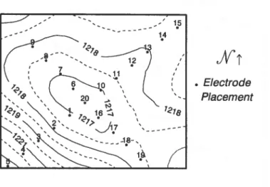 Fig. 1.  Location of platinum electrode installations within the depression.  Lines  represent surface elevation (msl)