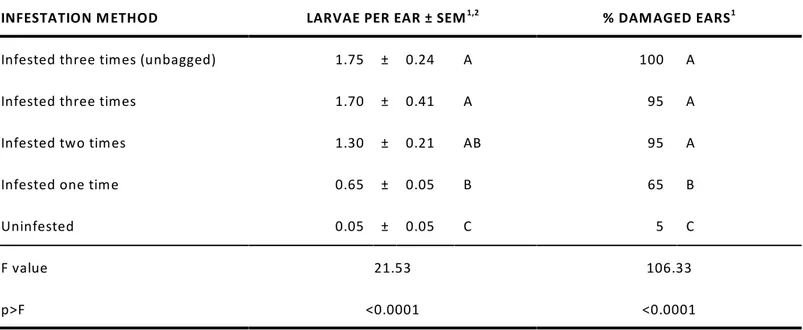 Table 9.  Western bean cutworm larvae per ear and percentage damaged ears resulting from one, two and three consecutive infestations with neonate larvae, ARDEC, Fort Collins, CO, 2007.