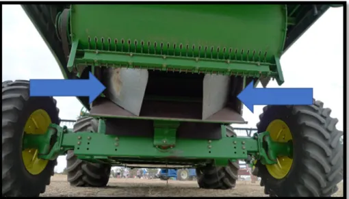 Figure 1) Simple combine modification (sheet metal chute) to direct and  concentrate chaff in a row.