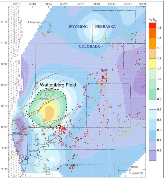 Figure 2.4 Thermal maturity map of the active source rocks within the DJ basin modified  from (Higley &amp; Cox, 2007) 