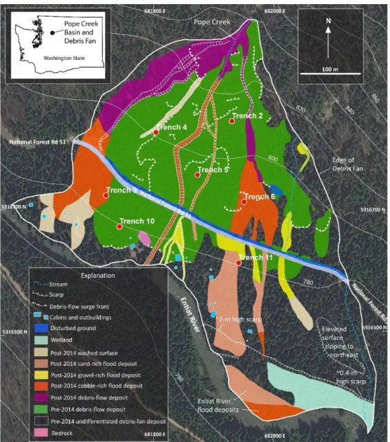 Fig. 1. Map of the Pope Creek debris fan showing surficial geology mapped in 2017, location of trenches excavated in 2017, and location of  cabins and outbuildings near the Entiat River