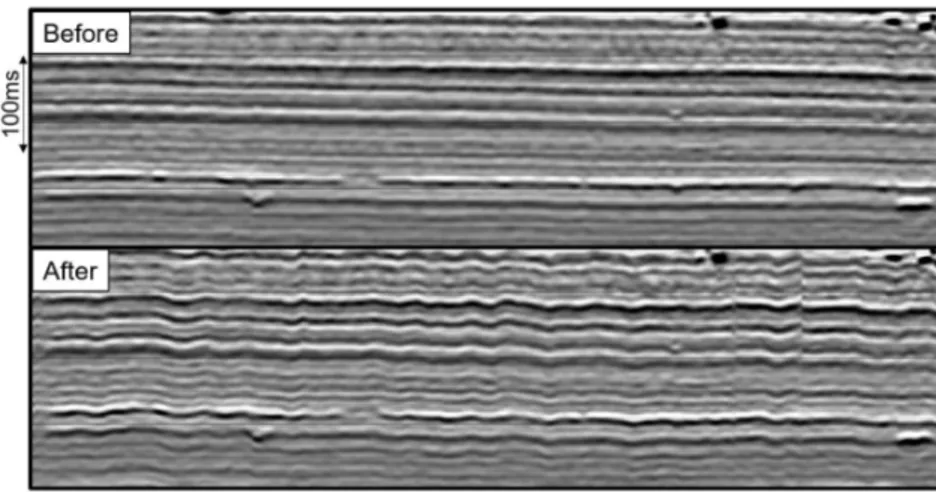 Figure 2.24 The shallow section of the PP seismic data before and after one window of trim statics was applied.